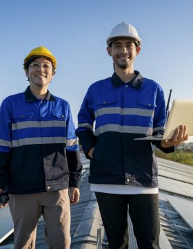 portrait smiling professional engineer with laptop and tablet maintenance checking installing solar roof panel on the factory rooftop under sunlight. Engineers team survey check solar panel roof.